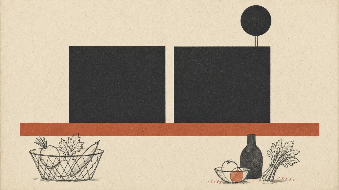 Geometric yes and no panels on warm paper with a terracotta bar