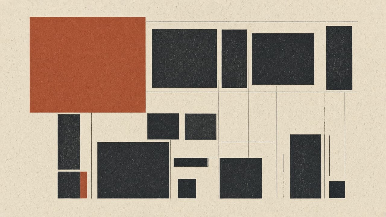 Geometric headline blocks on warm paper with one terracotta lead rectangle