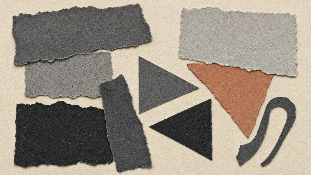 Overlapping paper rectangles and charcoal scissor triangles on cream stock