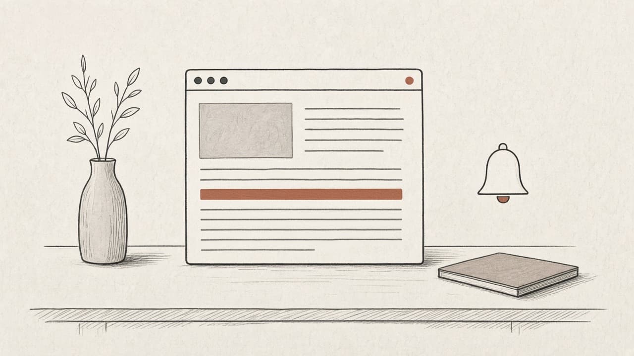 A desk with a privacy policy in a browser window, a rust bar, a vase and a bell