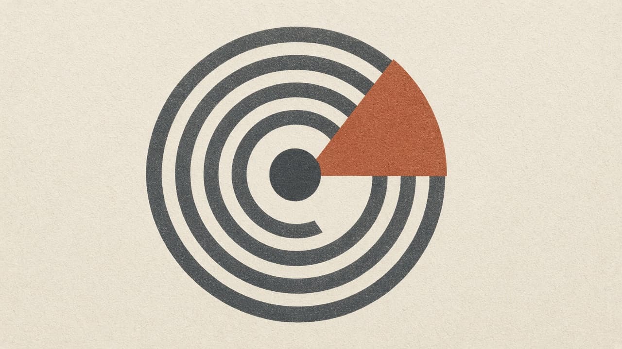 Concentric charcoal arcs with a terracotta wedge on warm paper