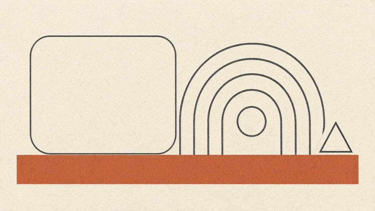 Geometric nested arcs on warm paper with a terracotta strip