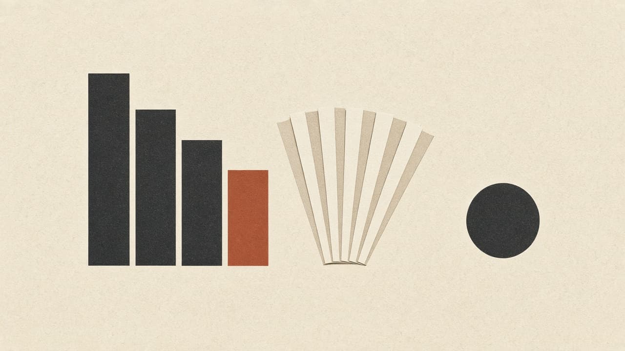 Geometric charcoal bars and fanned document rectangles with one terracotta accent