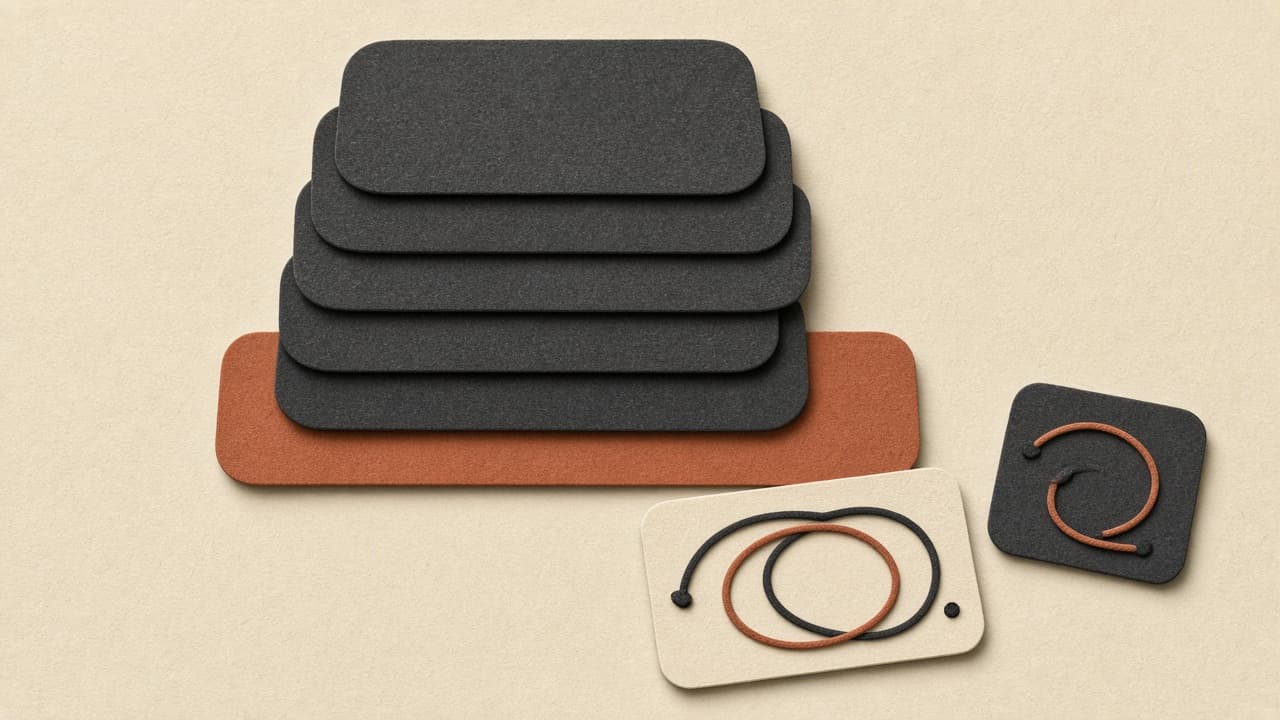 Geometric editorial still life of stacked thread cards on warm paper