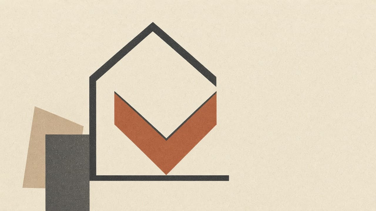 Geometric house with a terracotta downward price bar