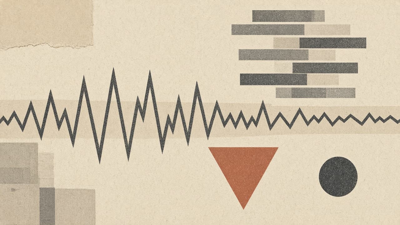 Charcoal zigzag feed line and a terracotta warning triangle on paper