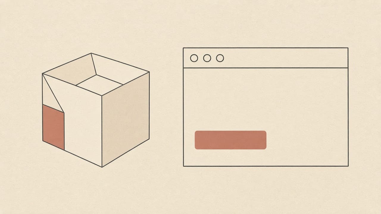 Geometric carton beside a browser frame with a terracotta cart bar