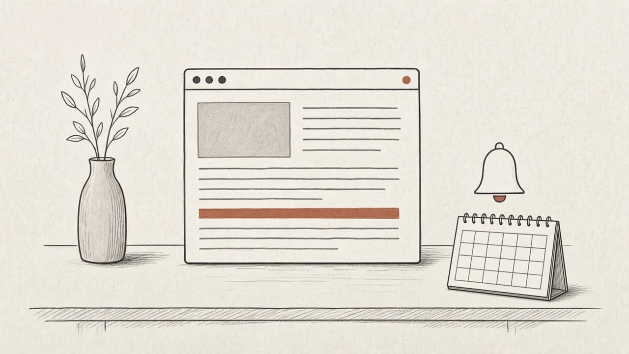 A desk with an agency forecast and RFP page in a browser window, a rust deadline bar, a vase and a calendar