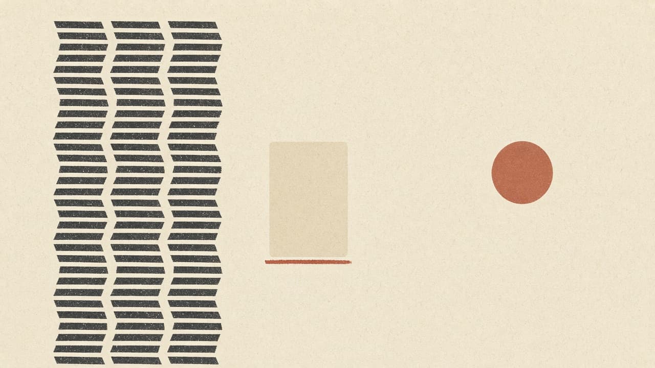 Geometric stacked feed bars beside a short card with a terracotta underline