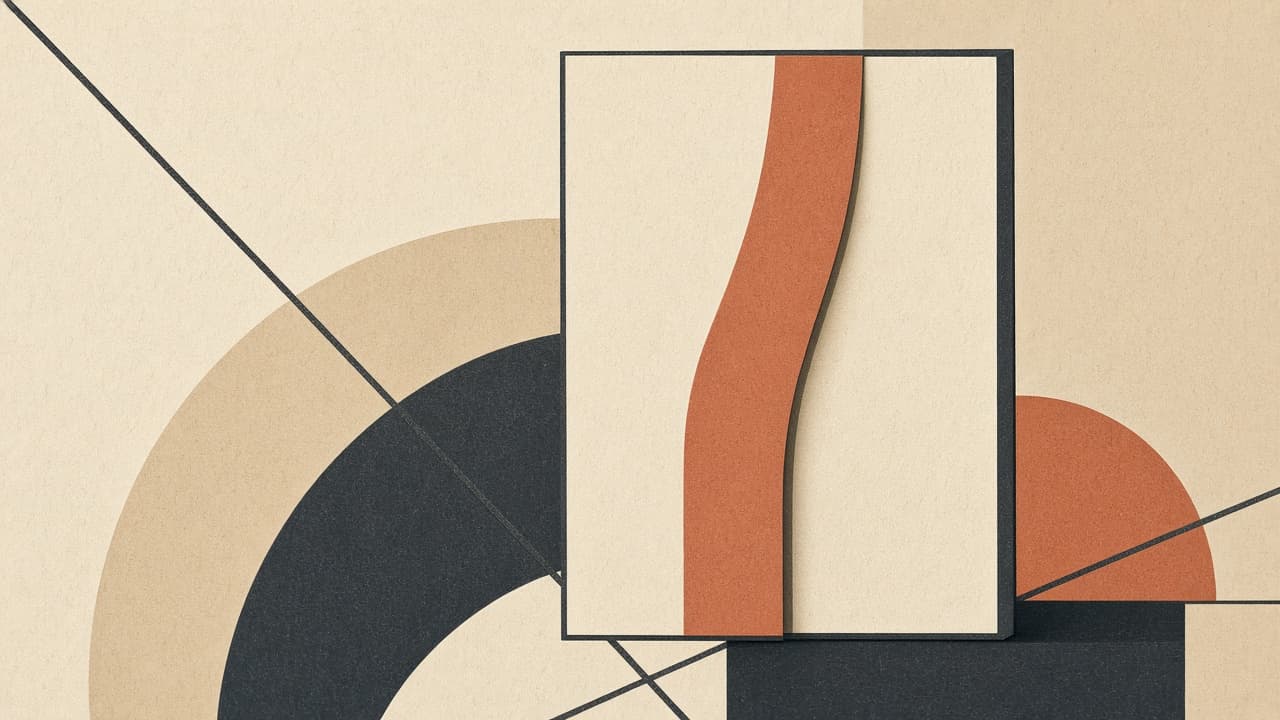 Geometric prospectus block with a terracotta ribbon on warm paper