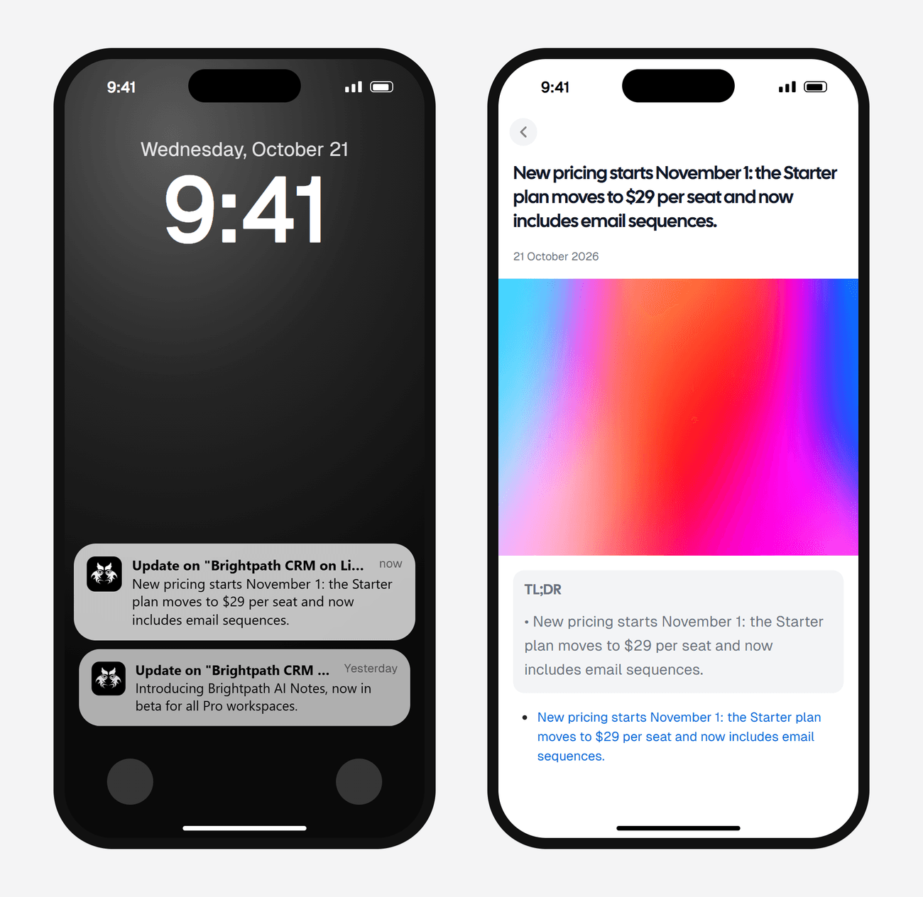 Example AyeWatch push notification and alert screen for a made-up competitor's LinkedIn post announcing new pricing