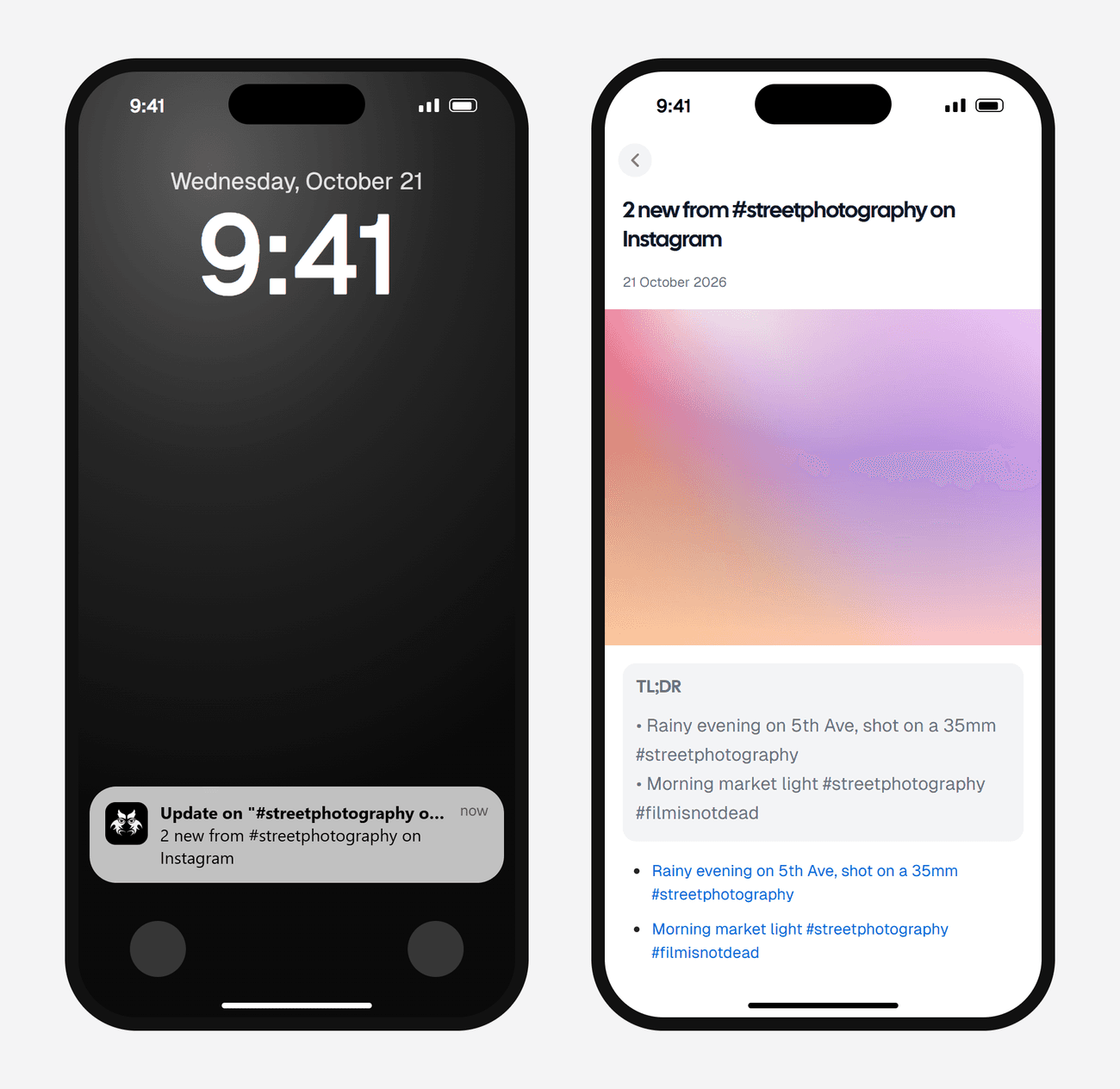 Example AyeWatch push notification and alert screen for 2 new Instagram posts tagged #streetphotography