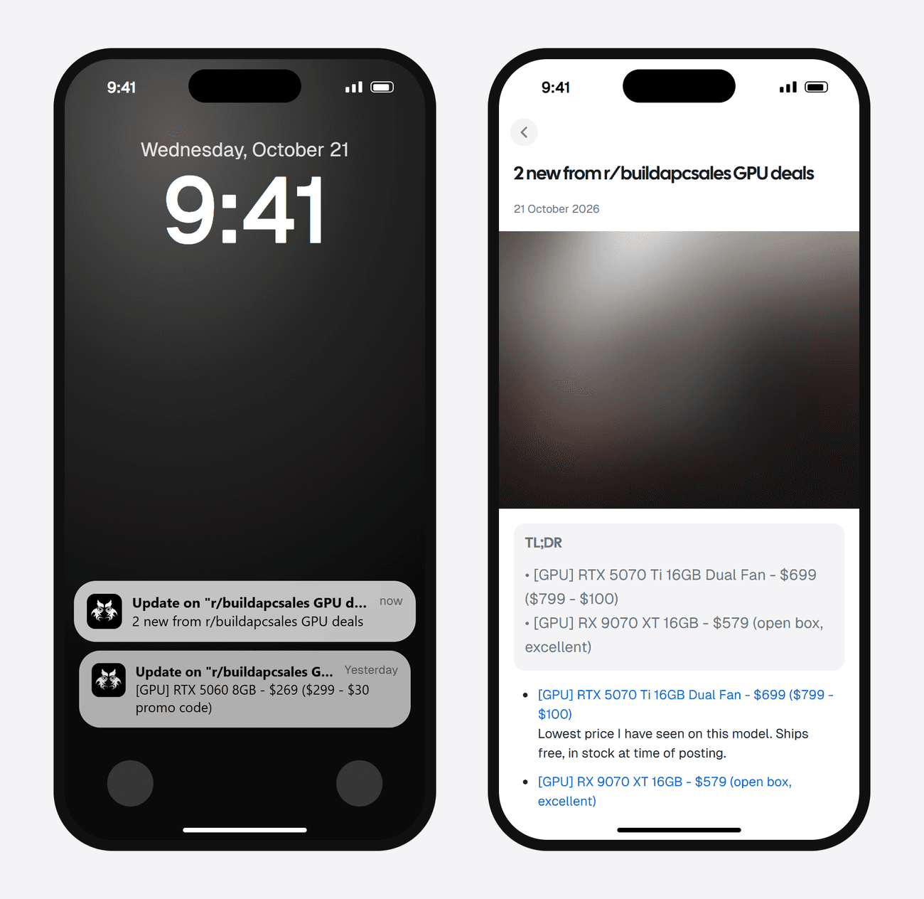 Example AyeWatch push notification and alert screen for 2 new GPU deal posts in r/buildapcsales