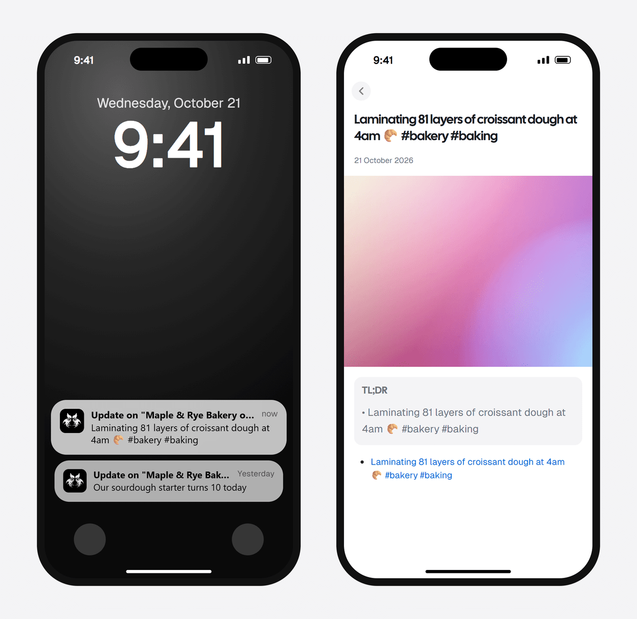 Example AyeWatch push notification and alert screen for a new TikTok video from the made-up bakery Maple & Rye