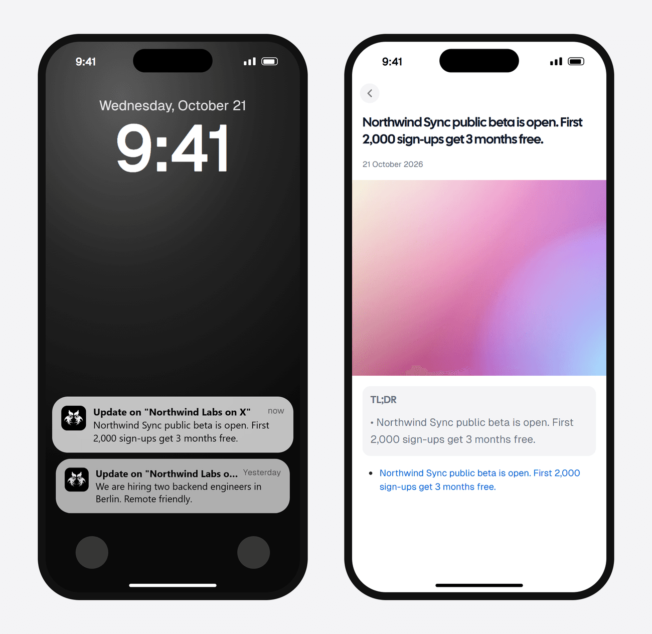 Example AyeWatch push notification and alert screen for a new post from the made-up X account Northwind Labs