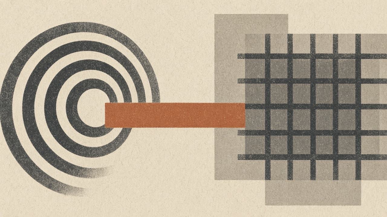 Concentric charcoal arcs beside a rectangular web grid on warm paper