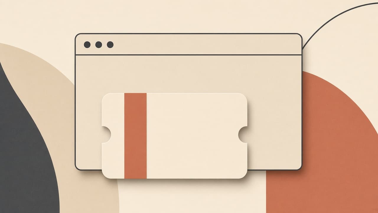 Geometric ticket stub in a browser frame with a terracotta stripe