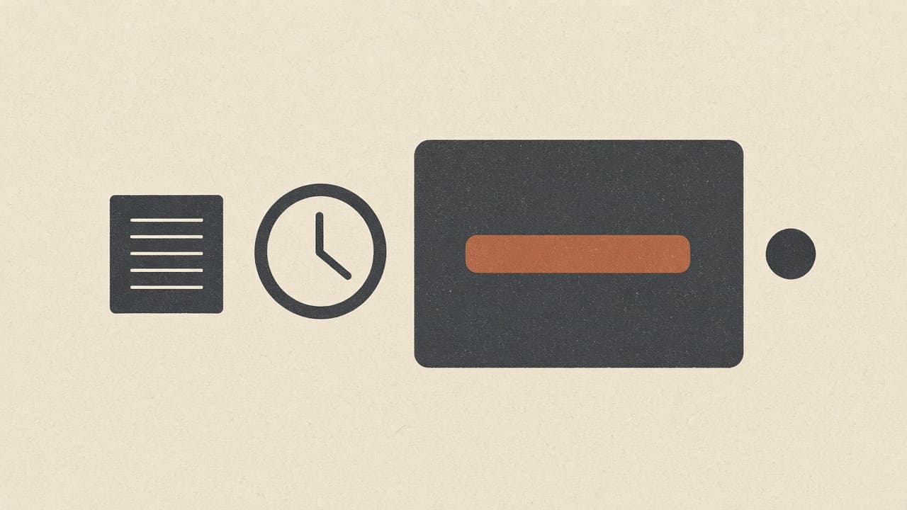 Geometric terminal square and clock beside a hosted page with a terracotta bar