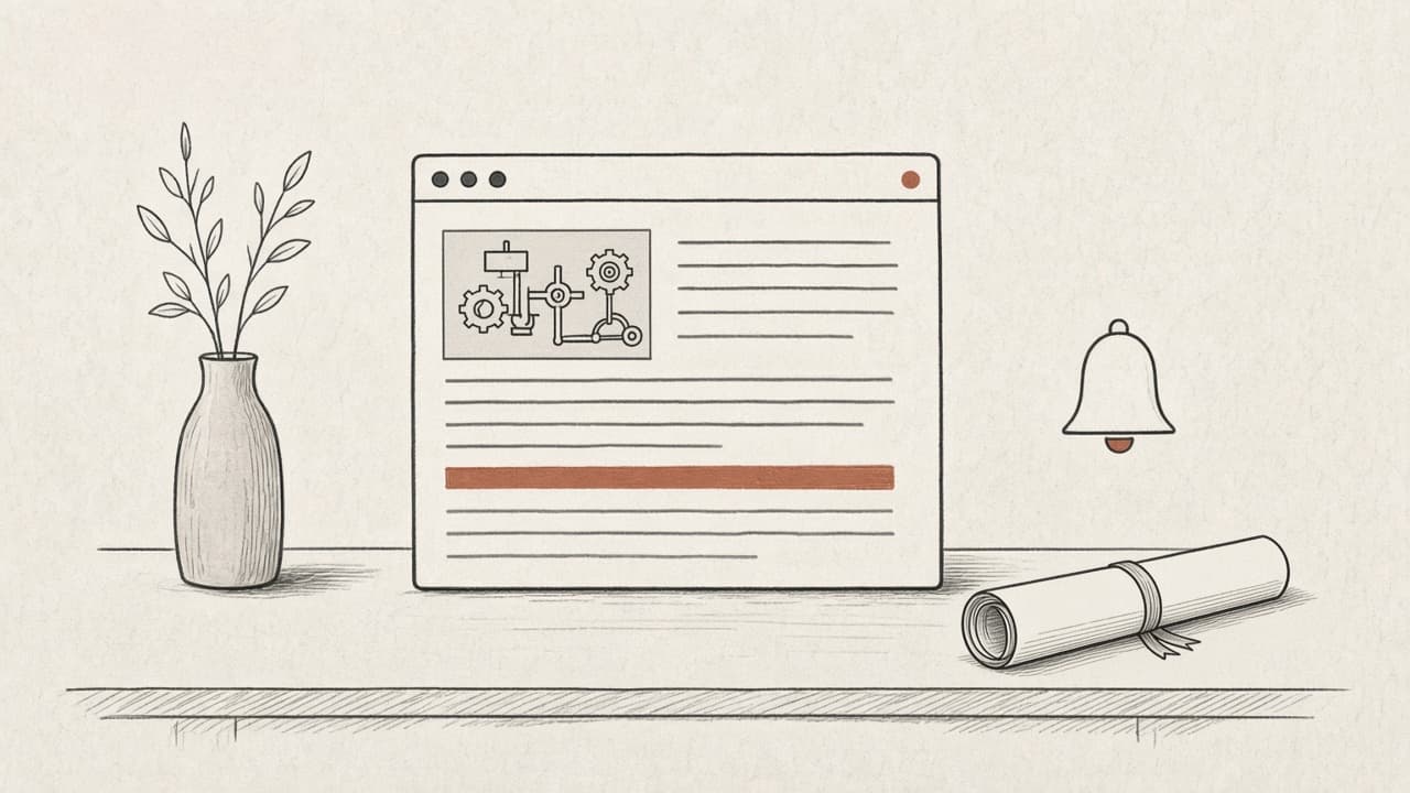 A desk with a patent application page in a browser window, a rust bar, a vase and a rolled blueprint