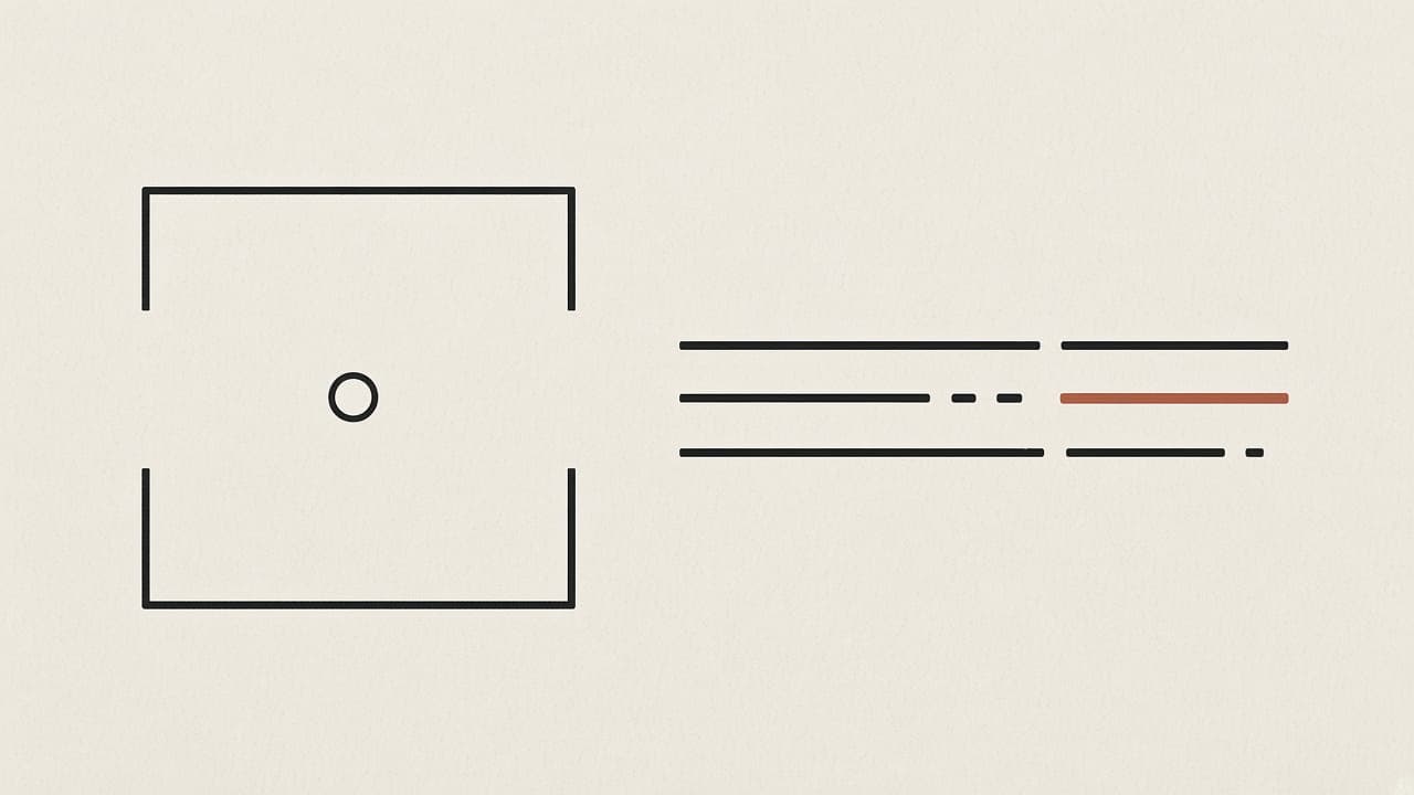 A viewfinder frame next to a sentence-like line of marks