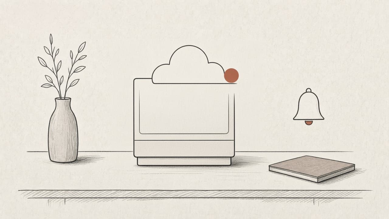 A boxy monitor silhouette fading into a small cloud ping