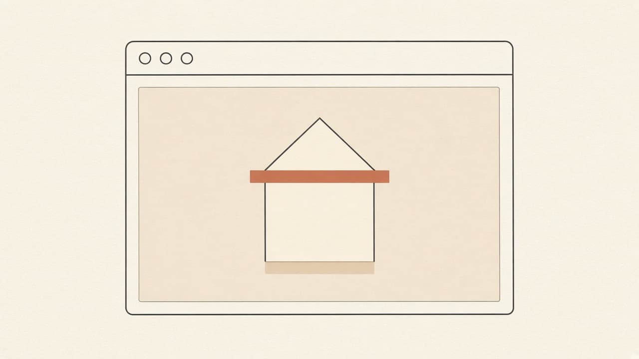 Geometric house listing card in a browser frame, terracotta highlight