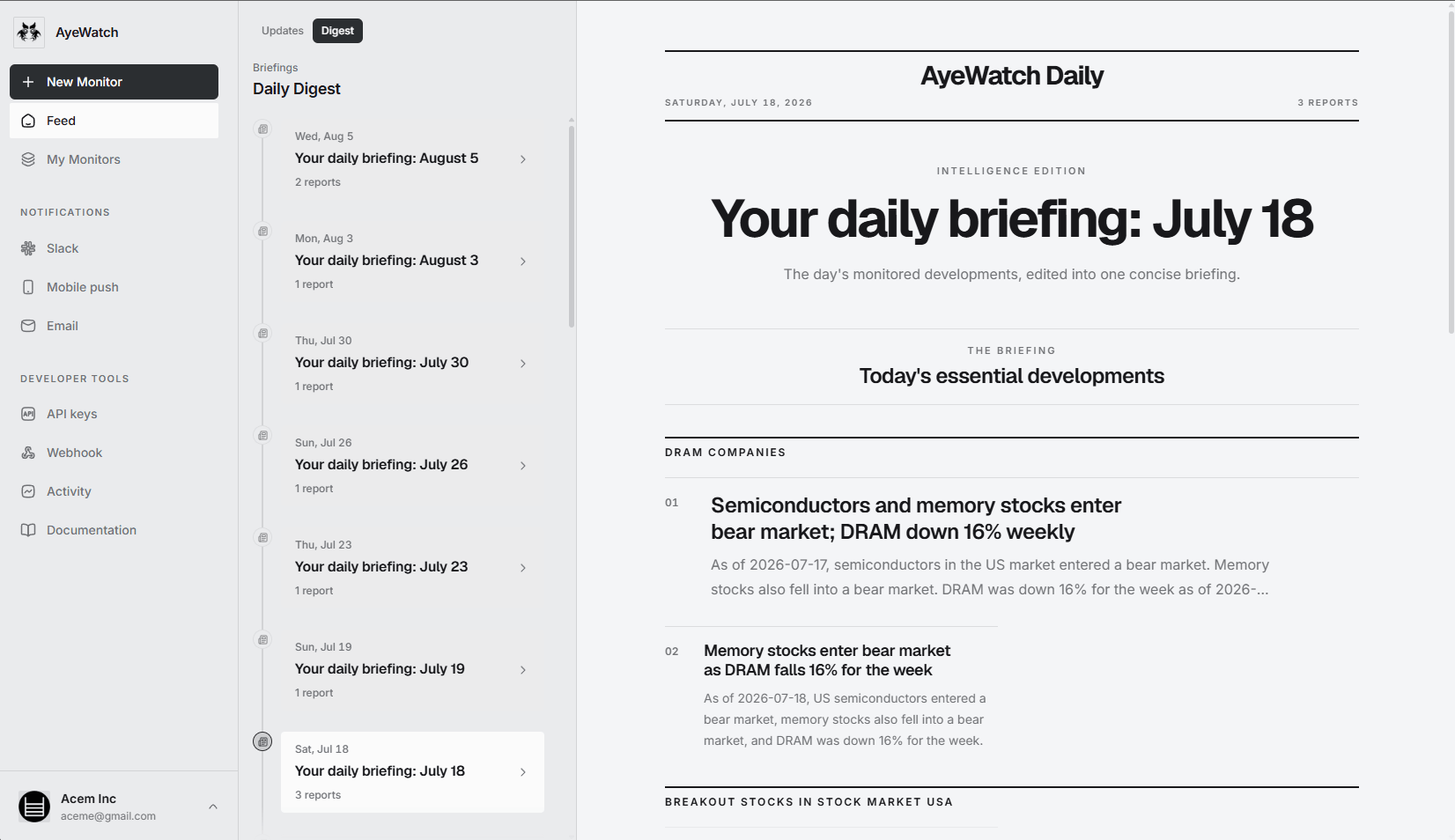 The AyeWatch daily digest on the web: a dated briefing that collects the day's monitored developments into one numbered summary