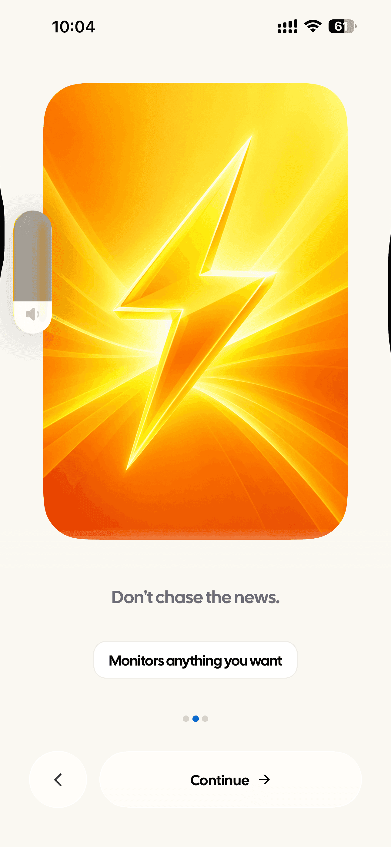 AyeWatch on iPhone: an onboarding card reading “Don’t chase the news — monitors anything you want”