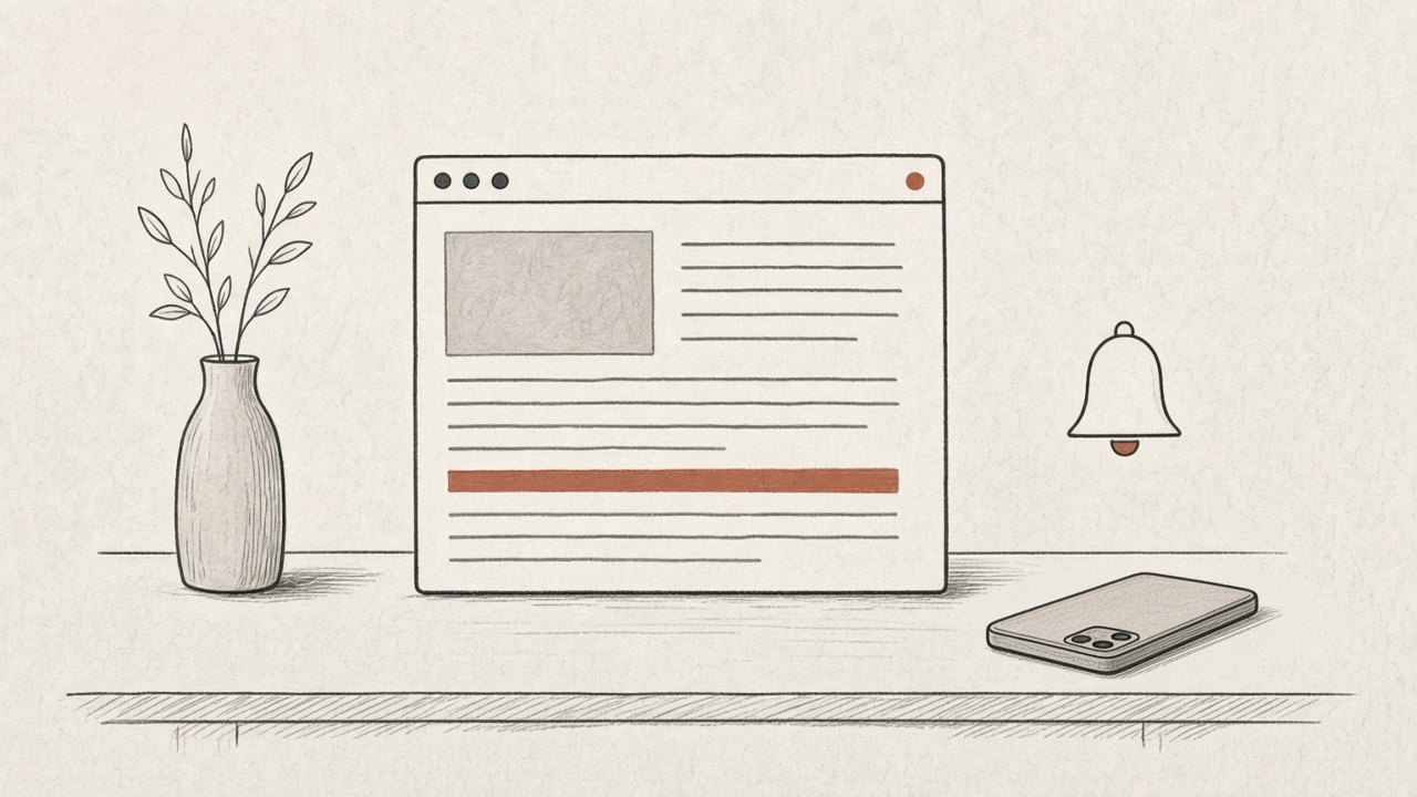 A desk with app review guidelines in a browser window, a rust bar, a vase, a bell and a phone