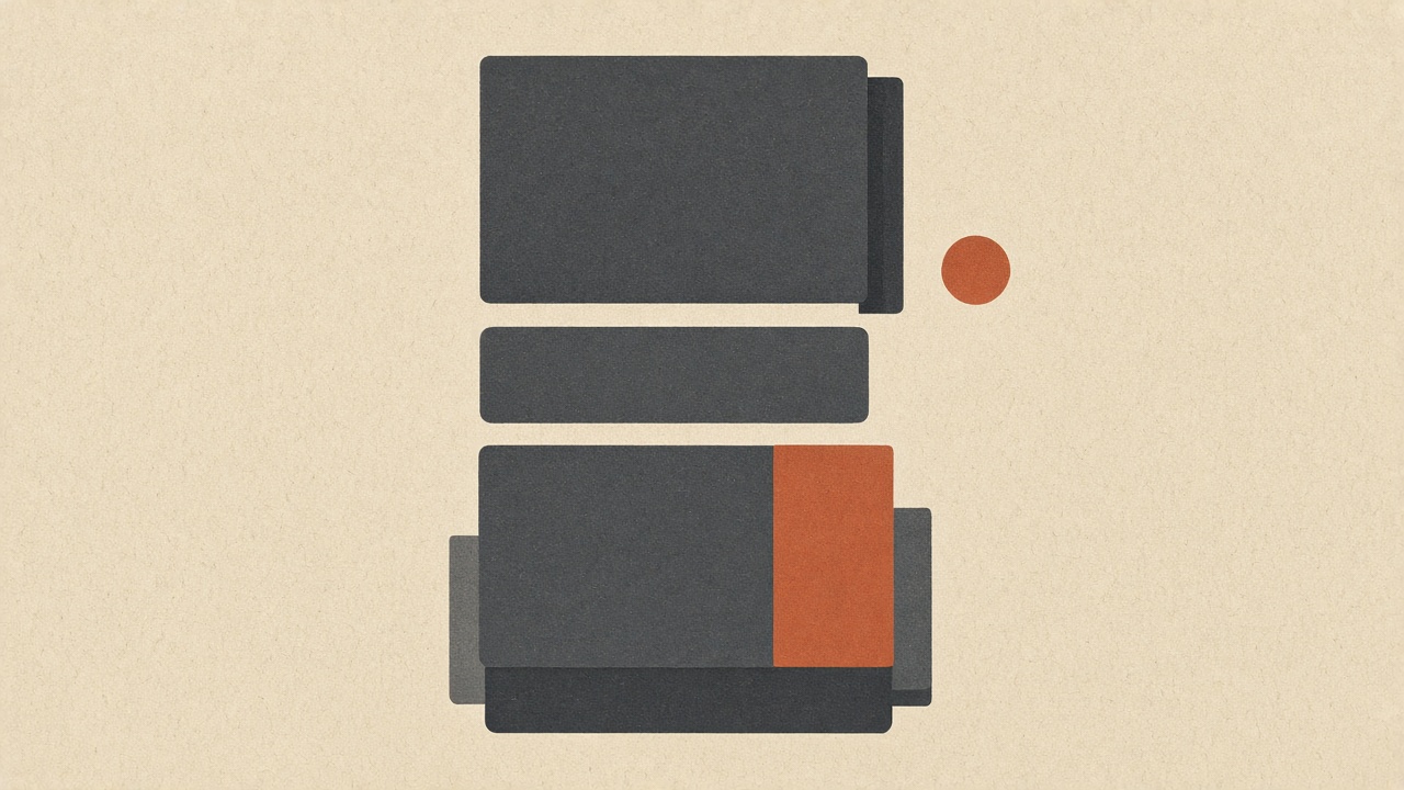 Geometric editorial still life of a changelog page on warm paper