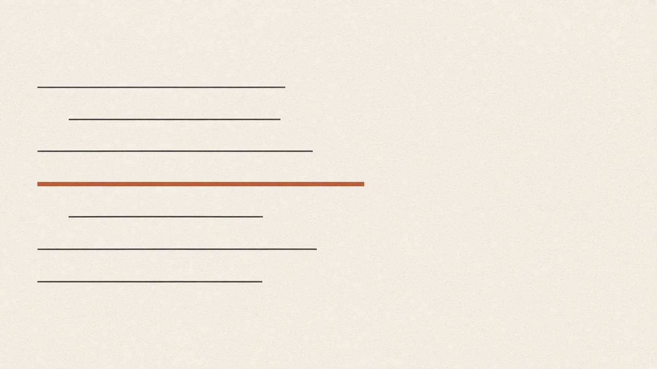 Horizontal charcoal lines of uneven length, one line terracotta