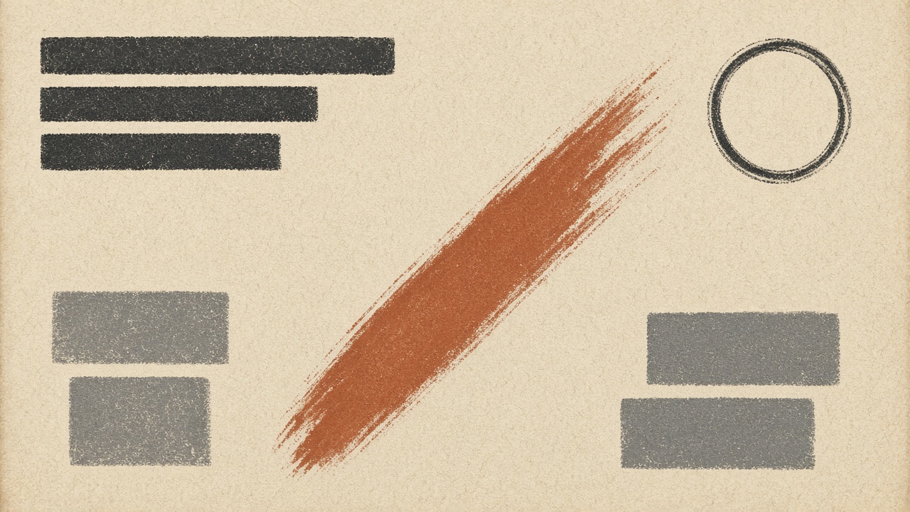 Uneven charcoal byline bars and a terracotta quill stroke on paper