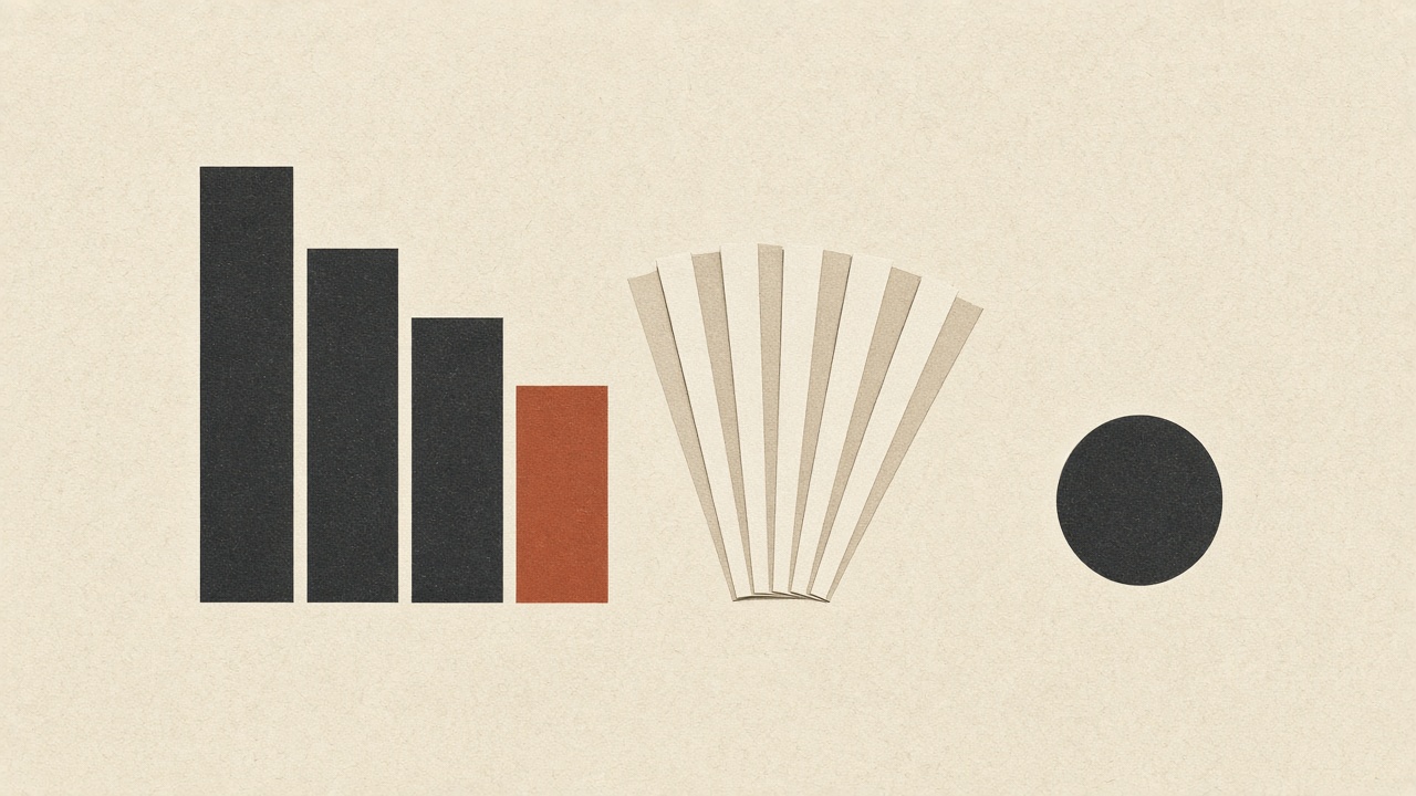 Geometric charcoal bars and fanned document rectangles with one terracotta accent