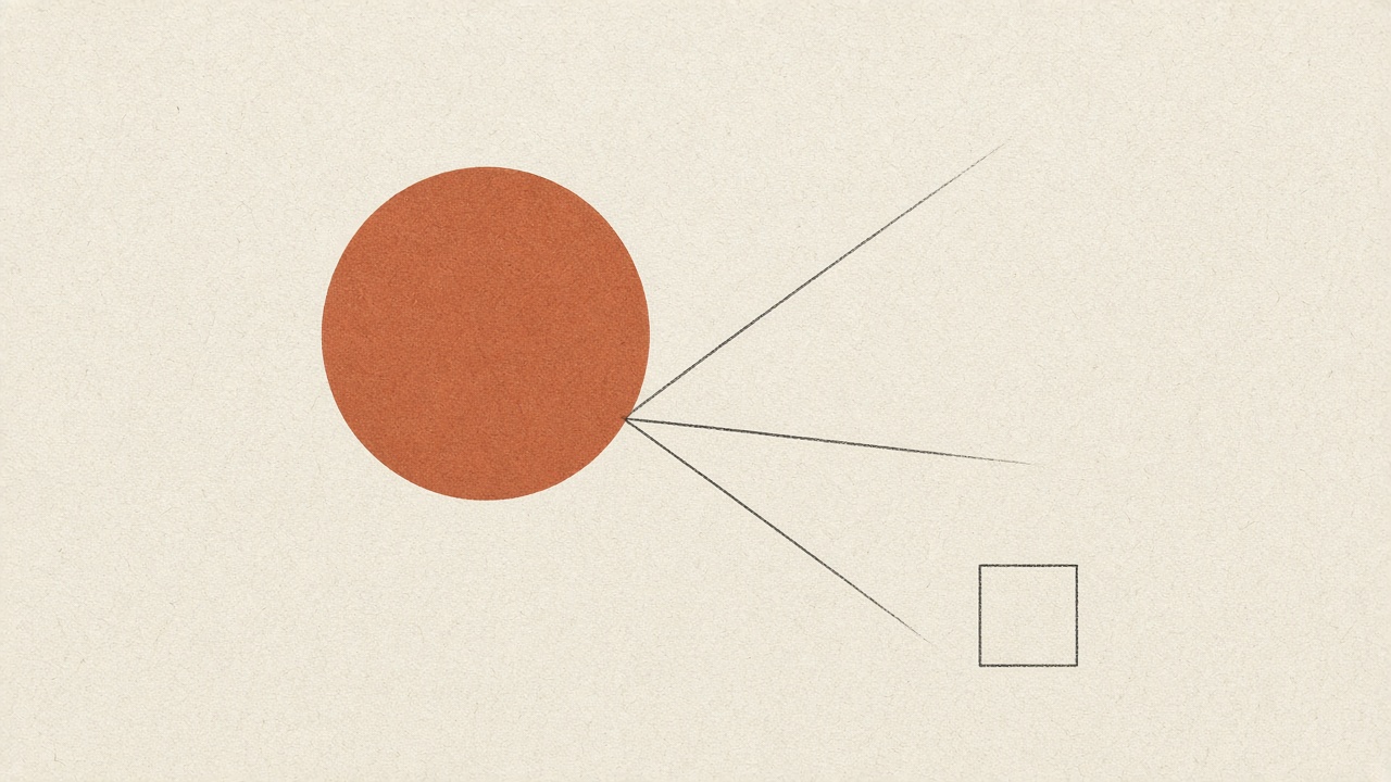A terracotta circle off-center with charcoal rays on warm paper