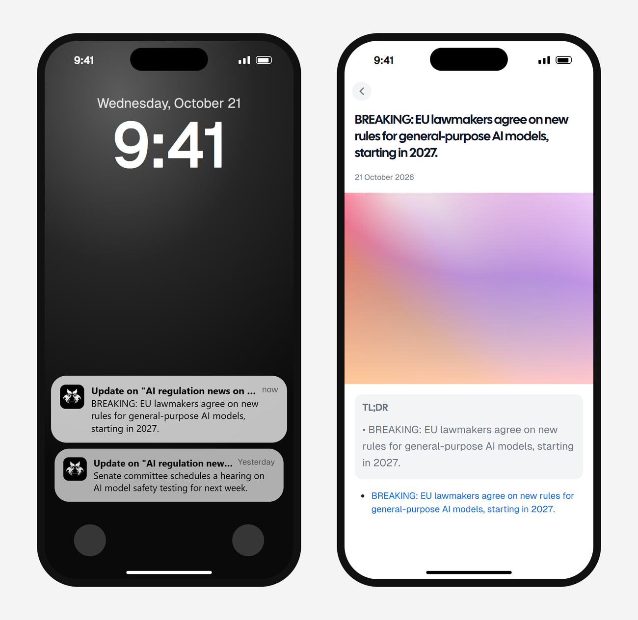 Example AyeWatch push notification and alert screen on a phone: a made-up wire account posting EU AI rules news