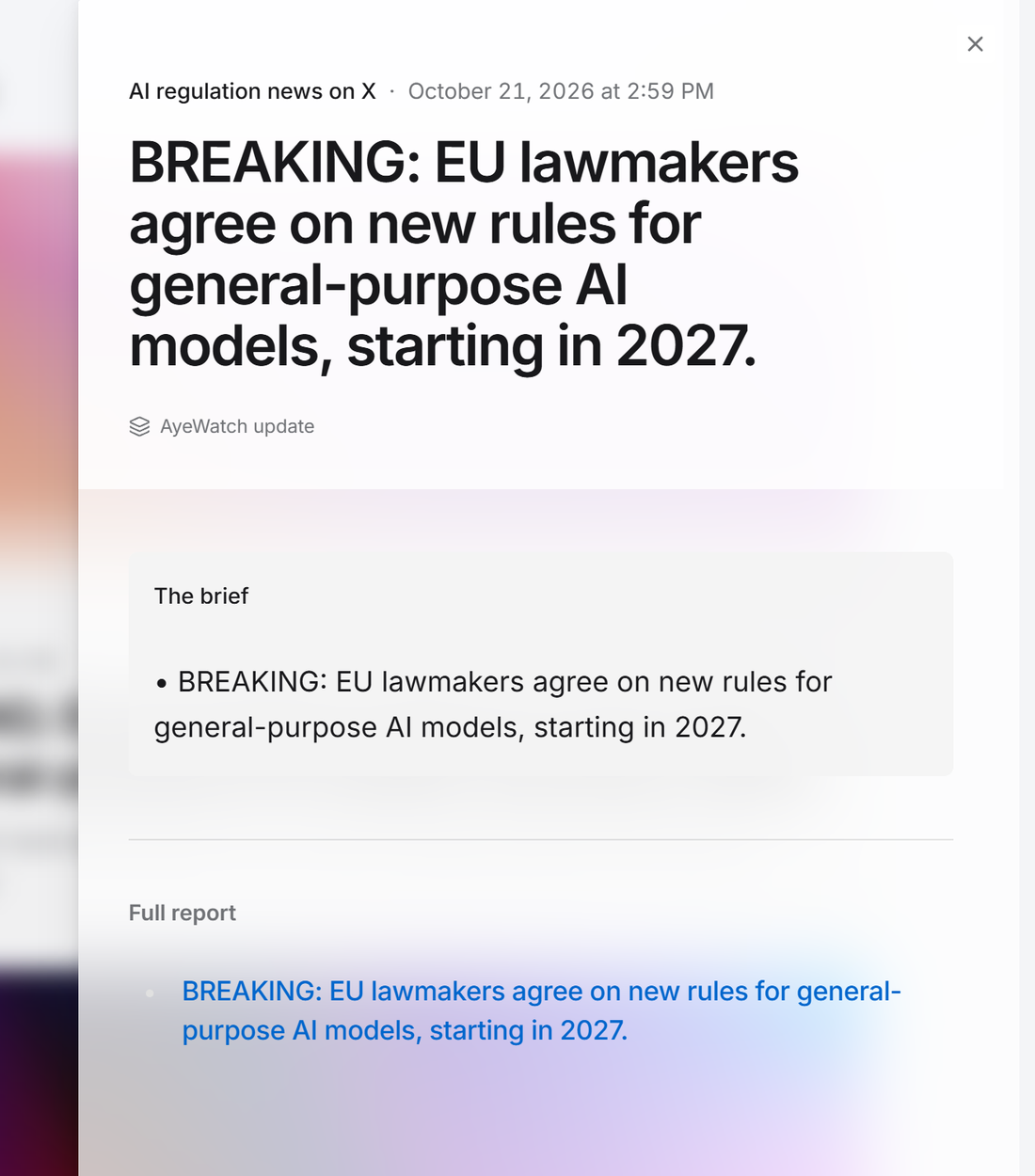 Example AyeWatch alert in the web feed: a made-up wire account posting EU AI rules news
