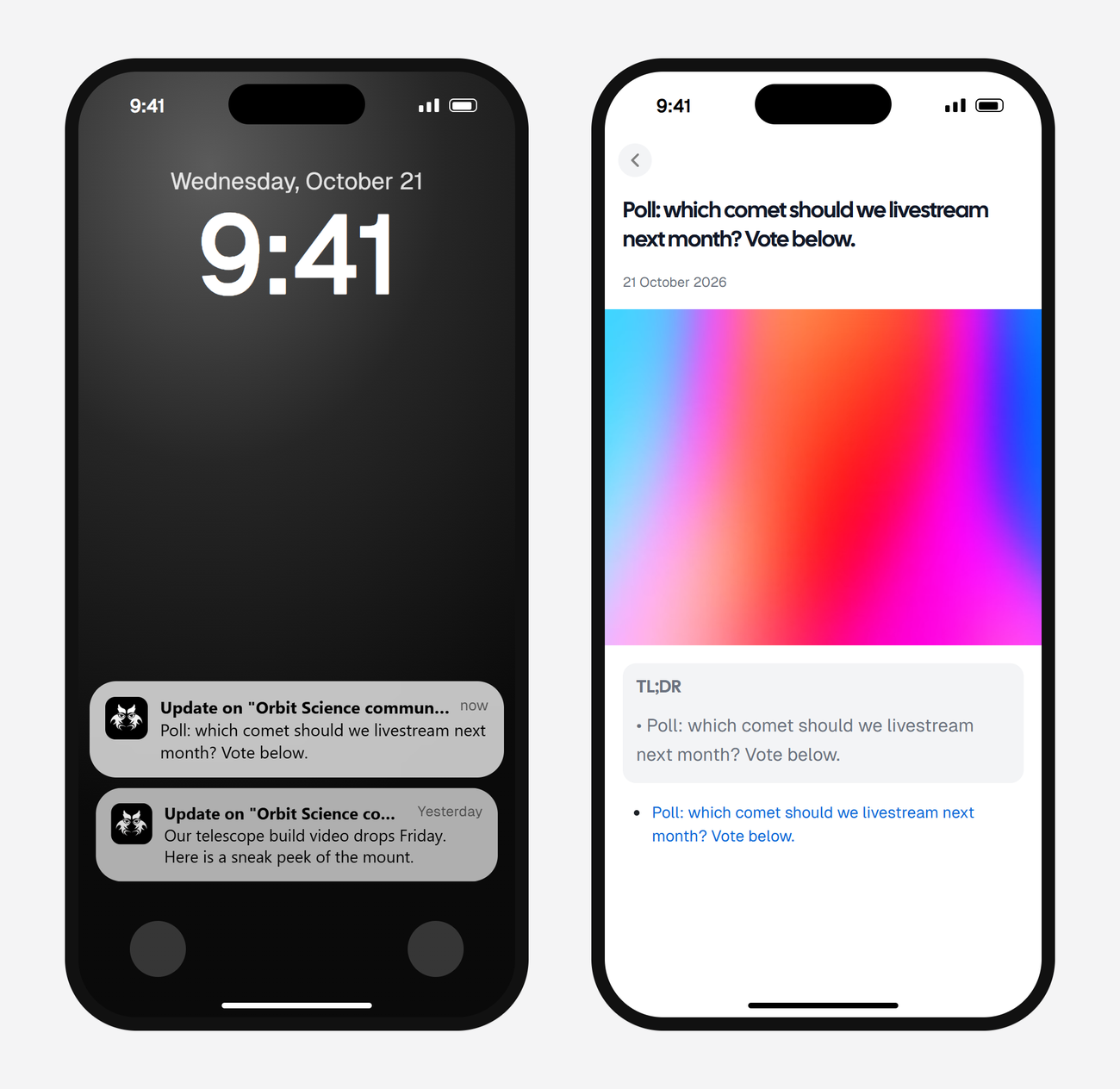 Example AyeWatch push notification and alert screen on a phone: a community poll from a made-up science channel