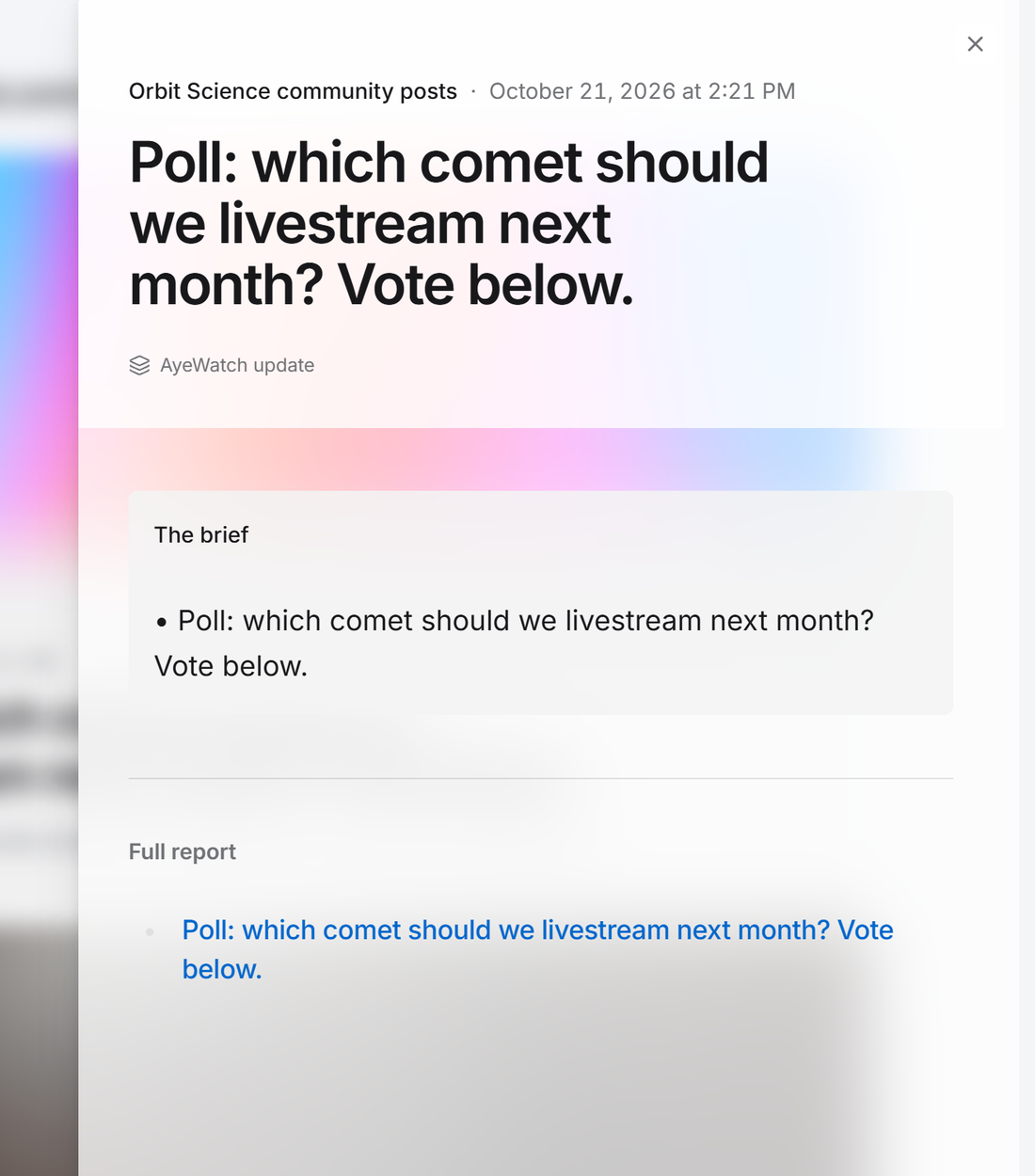 Example AyeWatch alert in the web feed: a community poll from a made-up science channel