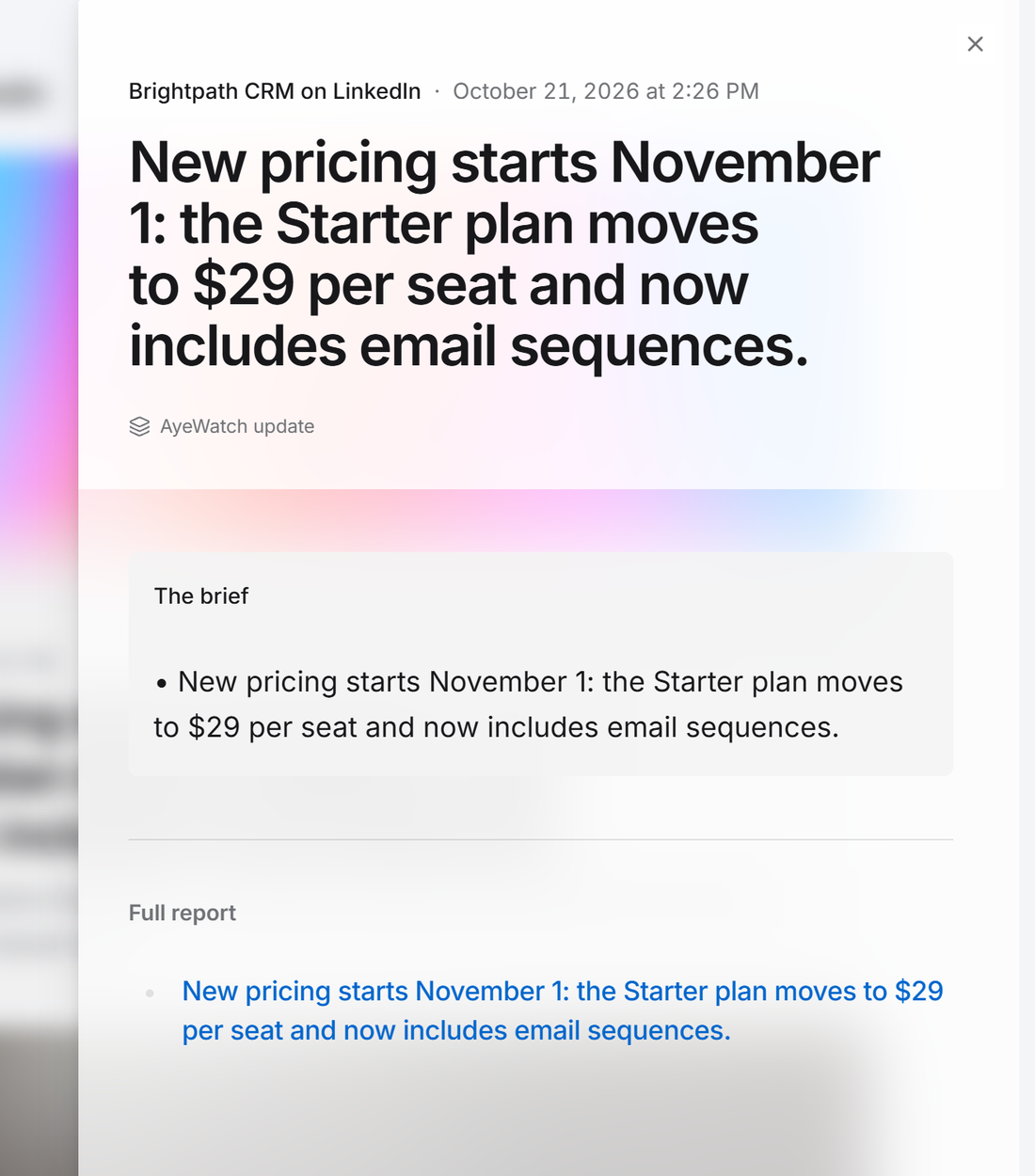 Example AyeWatch alert in the web feed: a competitor's LinkedIn post announcing new pricing