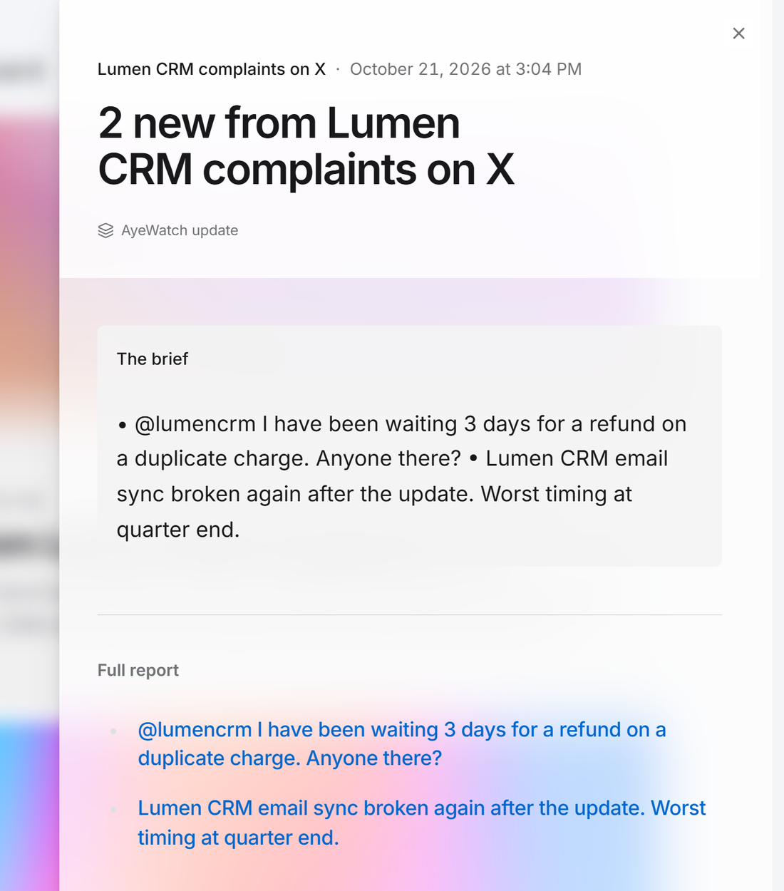 Example AyeWatch alert in the web feed: 2 X posts complaining about a made-up CRM