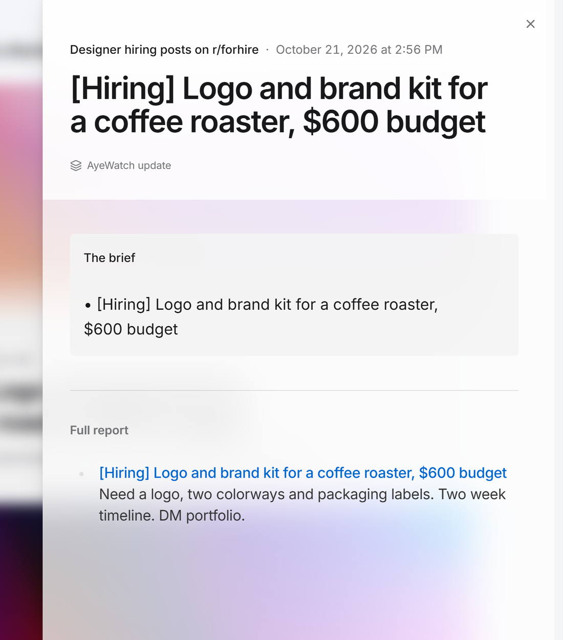 Example AyeWatch alert in the web feed: a [Hiring] post for a logo and brand kit