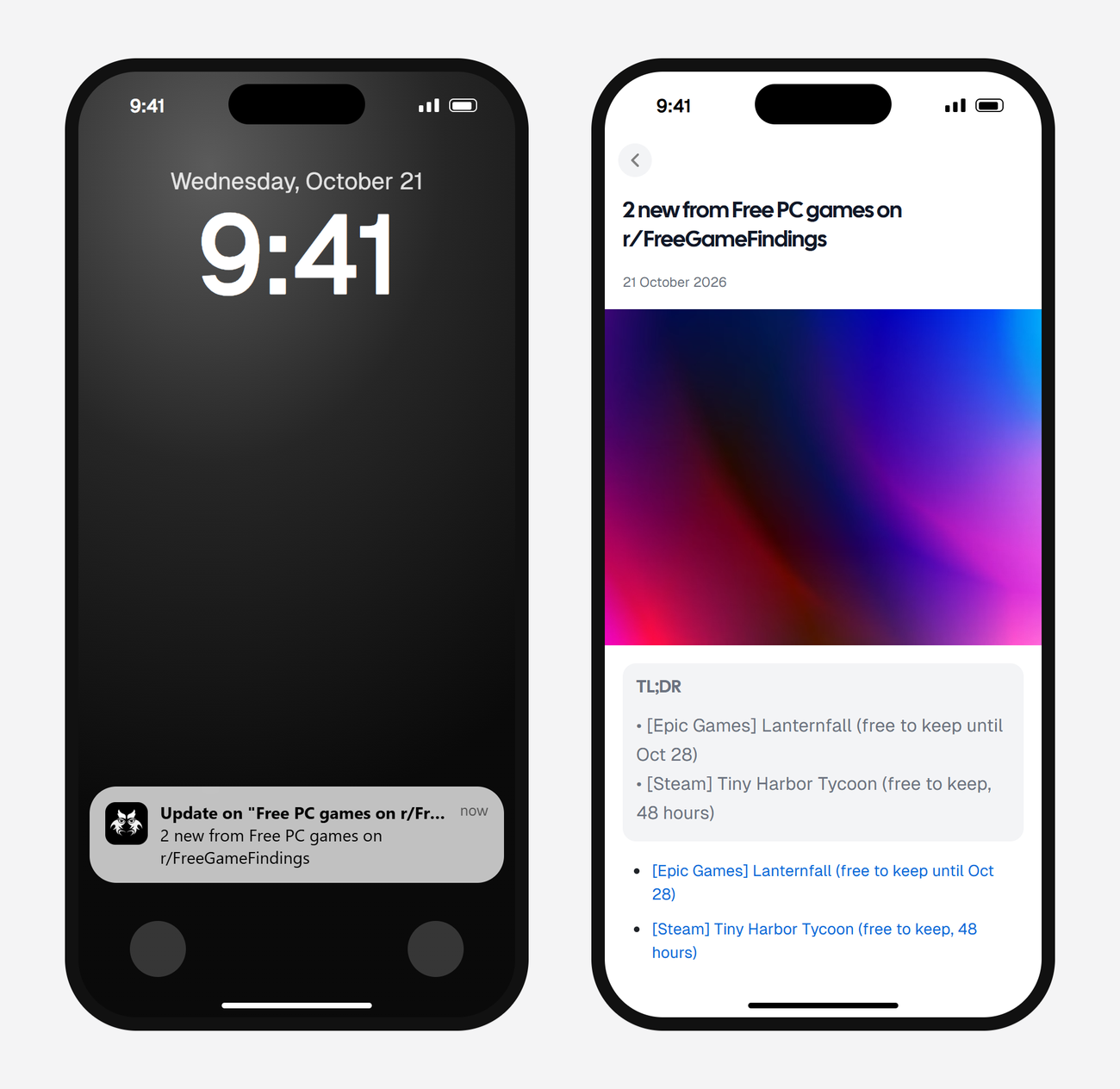 Example AyeWatch push notification and alert screen on a phone: 2 free-to-keep PC games posted on r/FreeGameFindings