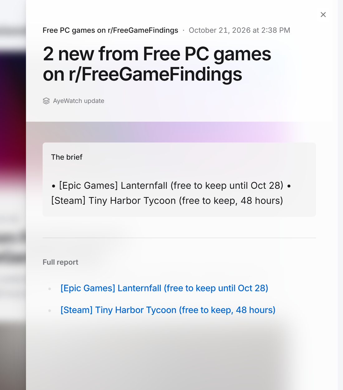 Example AyeWatch alert in the web feed: 2 free-to-keep PC games posted on r/FreeGameFindings