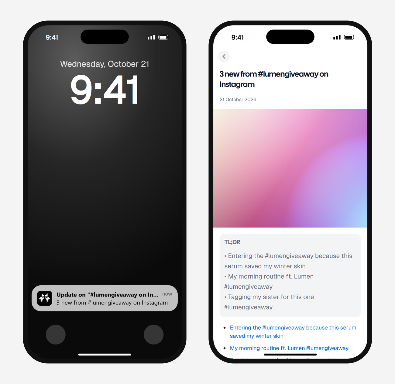 Example AyeWatch push notification and alert screen on a phone: 3 new entry posts on a made-up giveaway hashtag