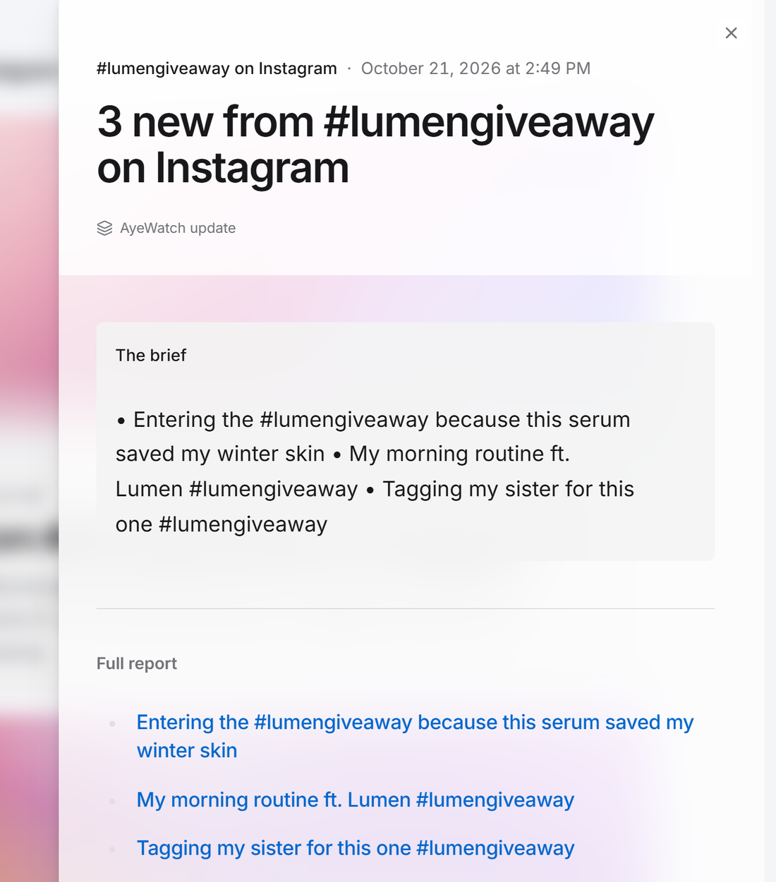 Example AyeWatch alert in the web feed: 3 new entry posts on a made-up giveaway hashtag