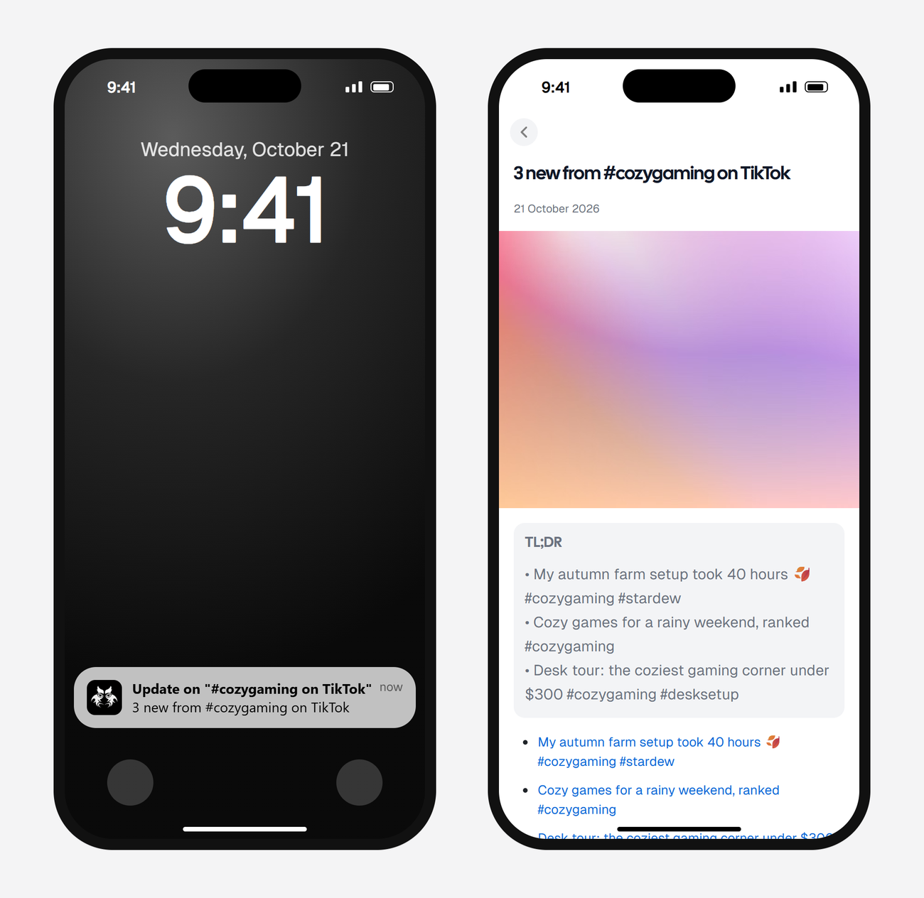 Example AyeWatch push notification and alert screen on a phone: 3 new TikTok videos tagged #cozygaming