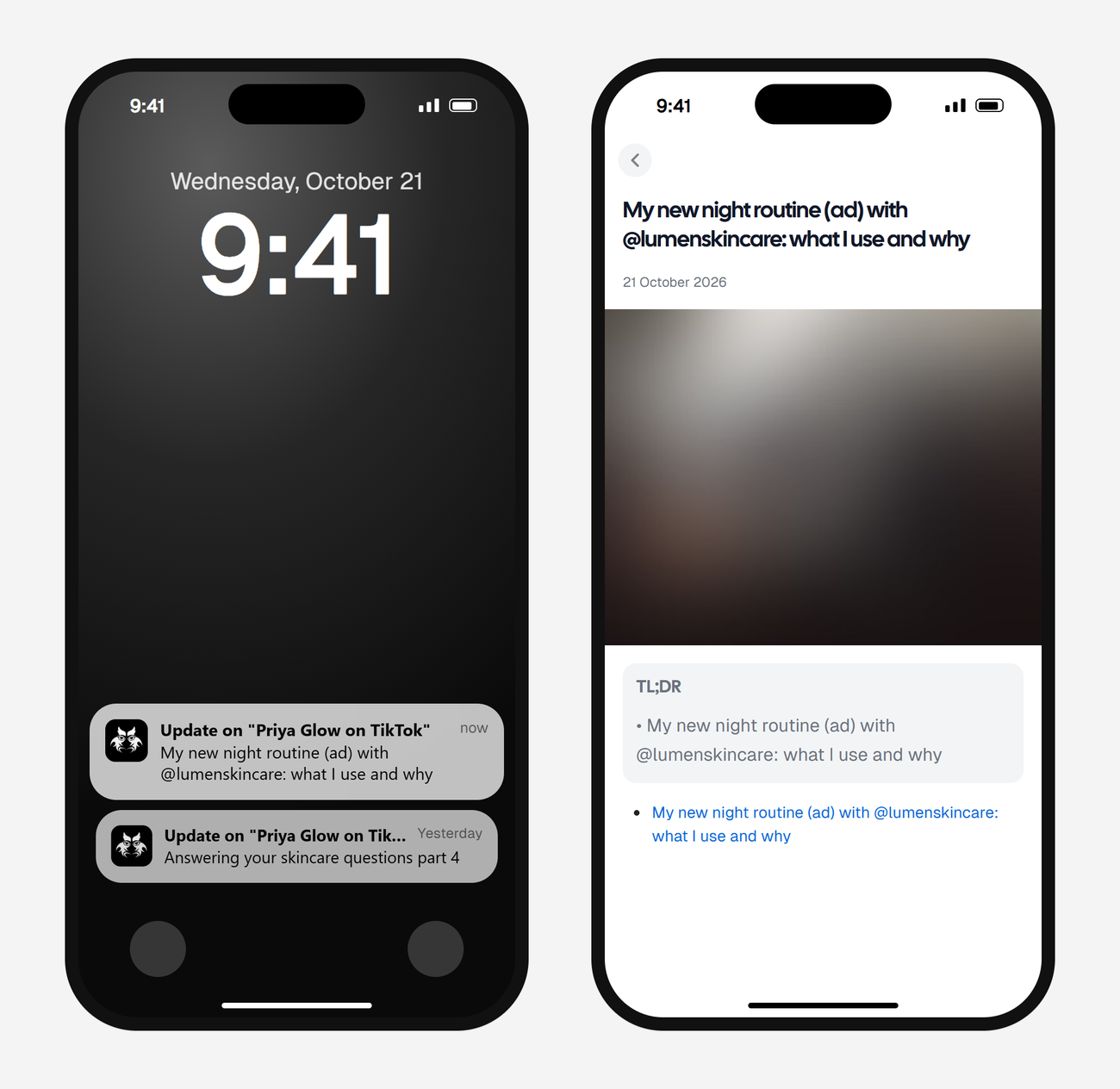 Example AyeWatch push notification and alert screen on a phone: a made-up creator's sponsored TikTok mentioning a brand