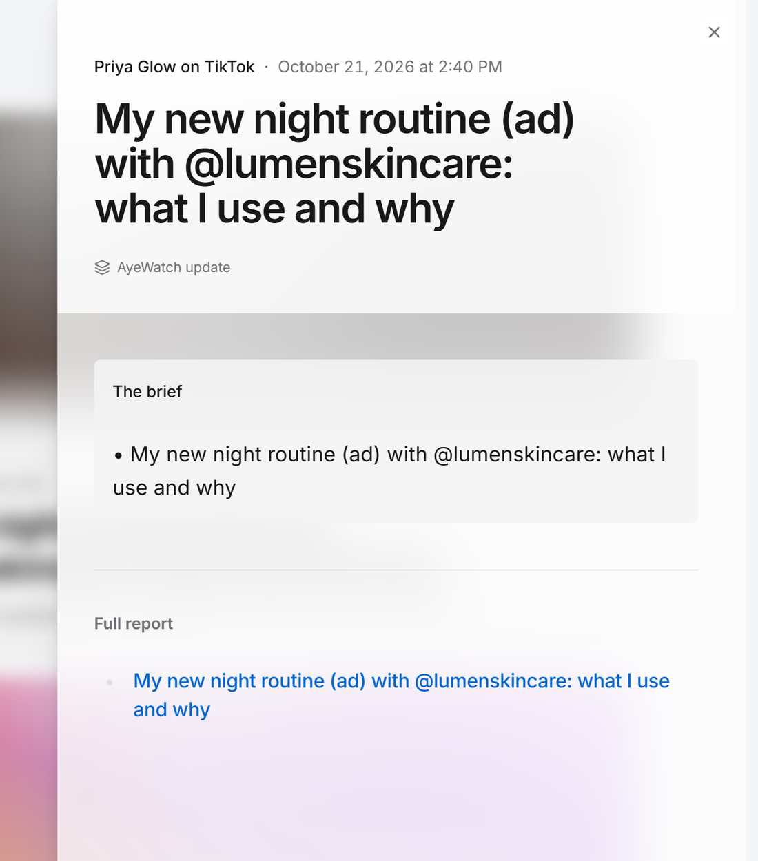 Example AyeWatch alert in the web feed: a made-up creator's sponsored TikTok mentioning a brand