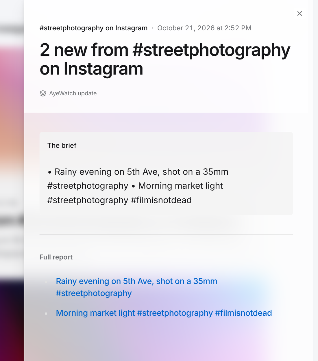 Example AyeWatch alert in the web feed: 2 new Instagram posts tagged #streetphotography