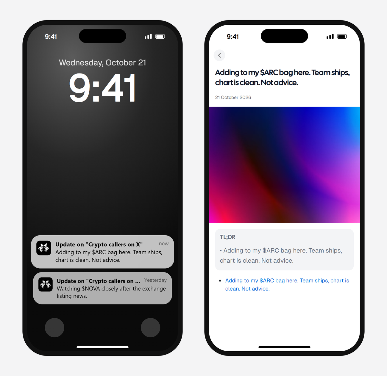 Example AyeWatch push notification and alert screen on a phone: a made-up crypto caller posting about a token